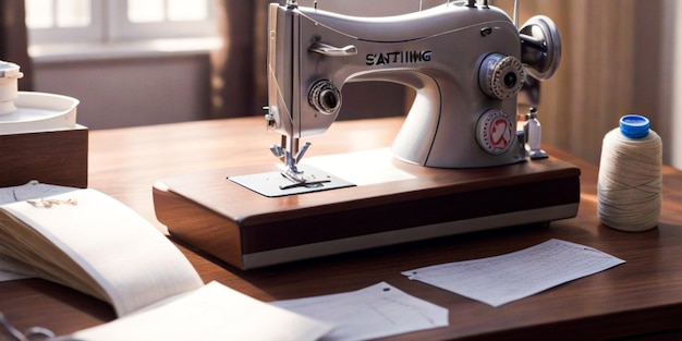 Foto de uma máquina de costura em uma mesa