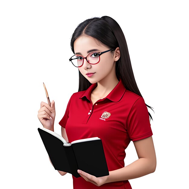 Foto de uma menina adorável de camisa vermelha segurando um livro apontando para o espaço vazio