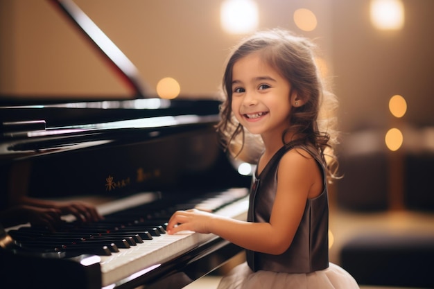 foto de uma menina de 6 anos de idade de pé ao piano sorrindo em um grande salão de baile moderno