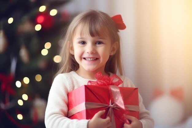 Foto de uma menina feliz e sorridente com caixa de presente de Natal