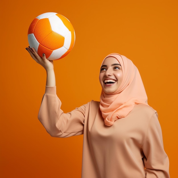 foto de uma menina hijab excitada segurando uma bola