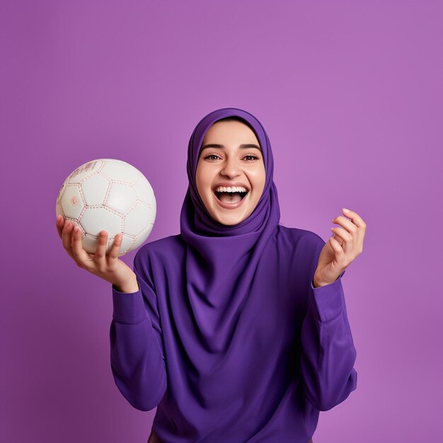 Foto foto de uma menina hijab excitada segurando uma bola