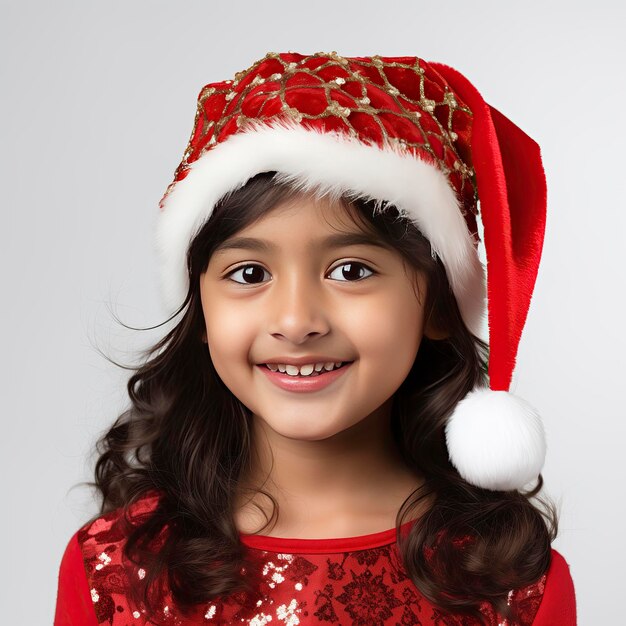 Foto de uma menina indiana vestindo um chapéu de Papai Noel