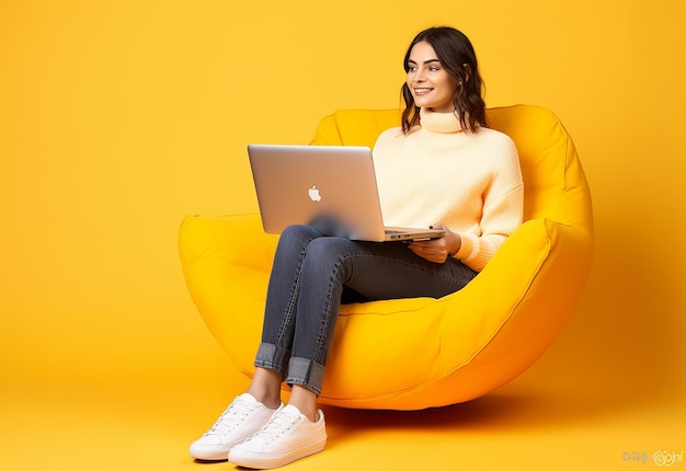 Foto de uma menina ou menino trabalhando com um laptop sentado no chão e na cadeira