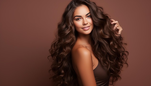 Foto foto de uma menina segurando seu cabelo encaracolado