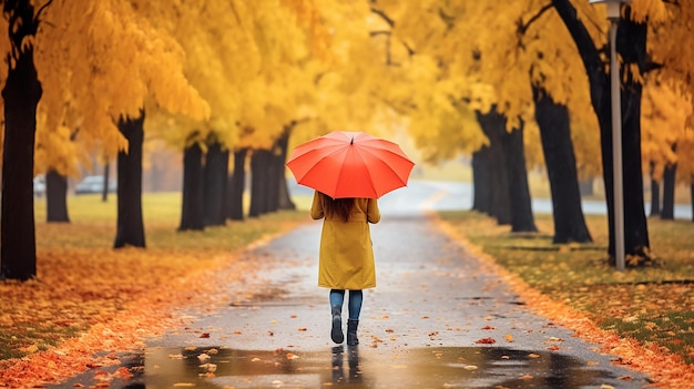 Foto de uma menina sozinha na estrada do parque de outono com guarda-chuva amarelo no tempo chuvoso