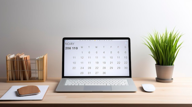 Foto de uma mesa de computador minimalista configurada com um monitor de laptop e um calendário de mesa único