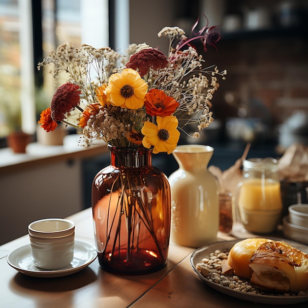 foto de uma mesa de cozinha decorada com outono decoração de vida moderna interior de cores de outono