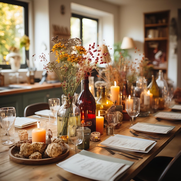 foto de uma mesa de cozinha decorada com outono decoração de vida moderna interior de cores de outono