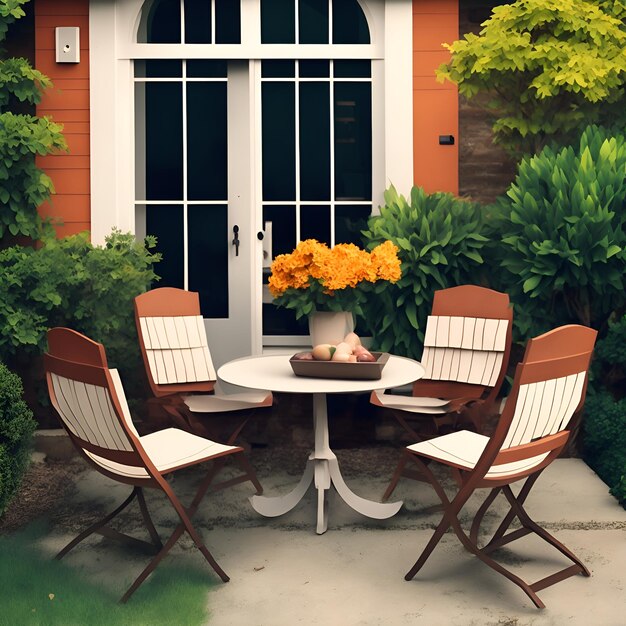 Foto de uma mesa de jantar branca minimalista com quatro cadeiras Ai Gerado
