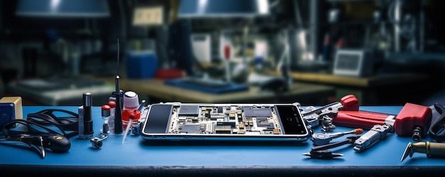 Foto foto de uma mesa de uma oficina de reparo de telefones celulares com smartphone e equipamentos