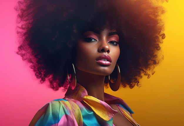 foto de uma modelo africana americana vestindo rosa e amarelo no estilo de colorido