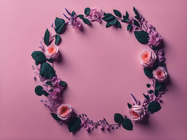 Foto de uma moldura rosa cercada por flores e folhas