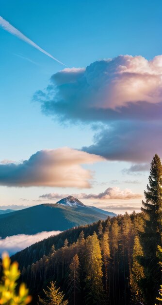 foto de uma montanha e céu azul com nuvens fotografia de floresta