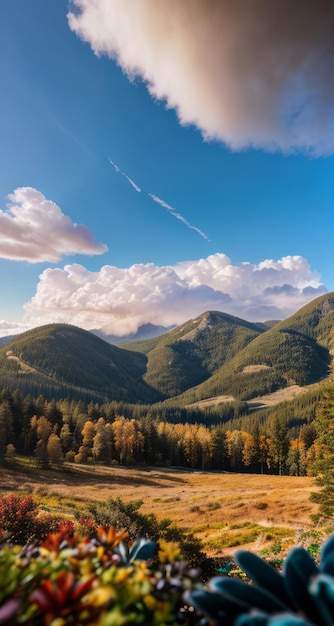 foto de uma montanha e céu azul com nuvens fotografia de floresta