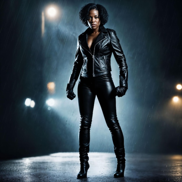 Foto de uma mulher africana forte com terno de couro preto em uma noite de chuva forte, ia generativa