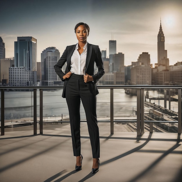 foto de uma mulher africana inteligente com terno preto na IA generativa de uma grande cidade moderna