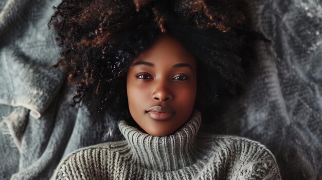 Foto foto de uma mulher afro-americana satisfeita abraçando-se tem alta auto-estima vestida de macio