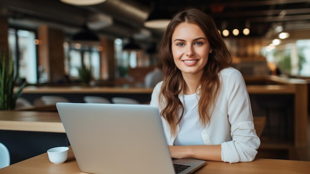 Foto de uma mulher alegre e simpática usando um laptop. Uma bela mulher de negócios a digitar num laptop.