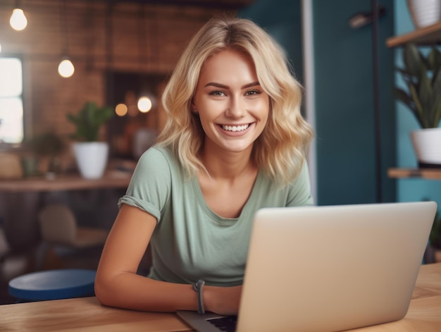 Foto de uma mulher alegre e simpática usando um laptop. Uma bela mulher de negócios a digitar num laptop.