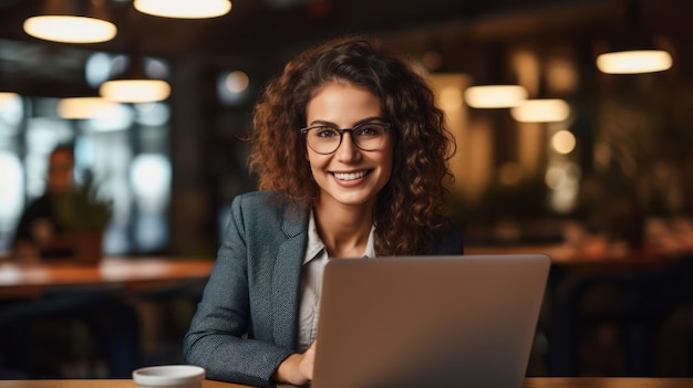 Foto de uma mulher alegre e simpática usando um laptop. Uma bela mulher de negócios a digitar num laptop.