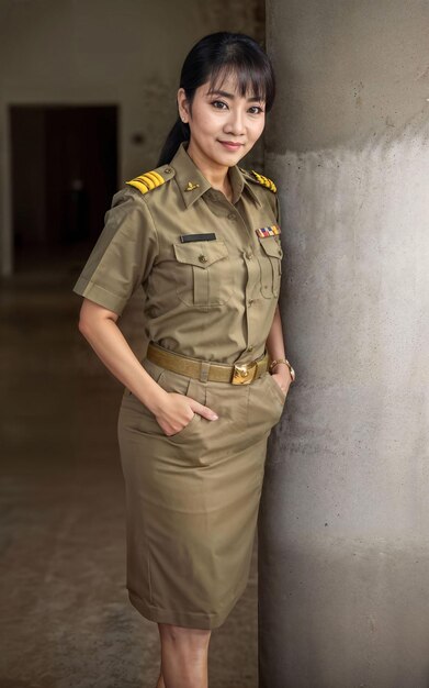 Foto de uma mulher asiática de meia-idade em AI generativa de uniforme de professora tailandesa