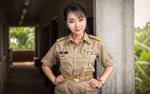 Foto de uma mulher asiática de meia-idade em AI generativa de uniforme de professora tailandesa