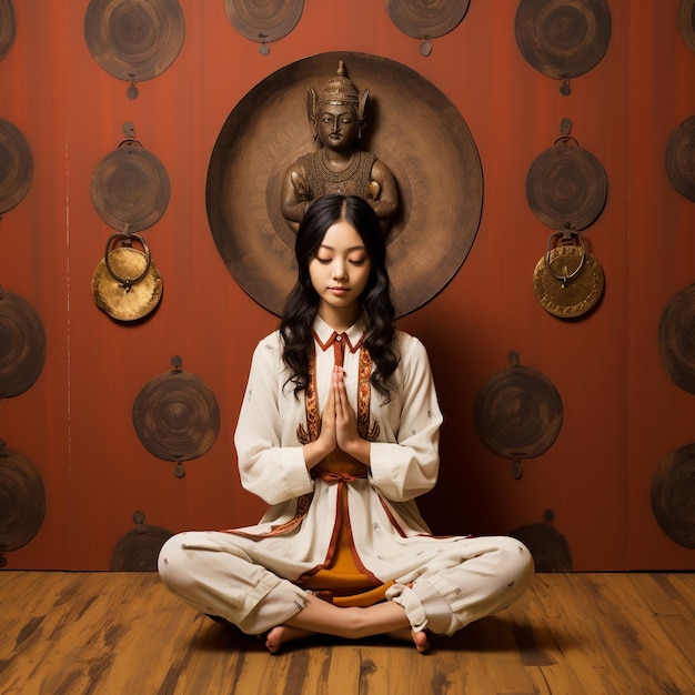 foto de uma mulher asiática fazendo ioga e meditação em frente à parede da mandala