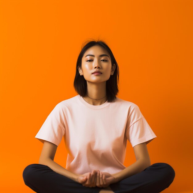 foto de uma mulher asiática fazendo ioga e meditação em frente à parede de cor laranja