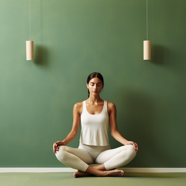 foto de uma mulher asiática fazendo ioga e meditação na frente da parede de cor verde