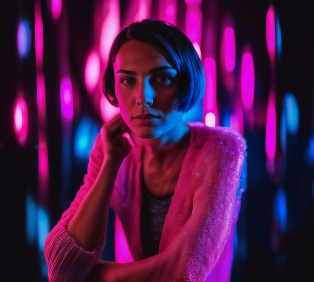 foto de uma mulher bonita com cabelo curto e IA generativa de luz neon rosa misturada