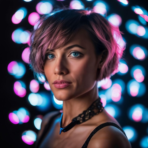foto de uma mulher bonita com cabelo curto e IA generativa de luz neon rosa misturada