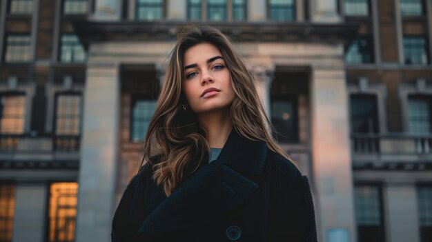 foto de uma mulher bonita com casaco de inverno de pé na frente do edifício na estação de inverno generativo