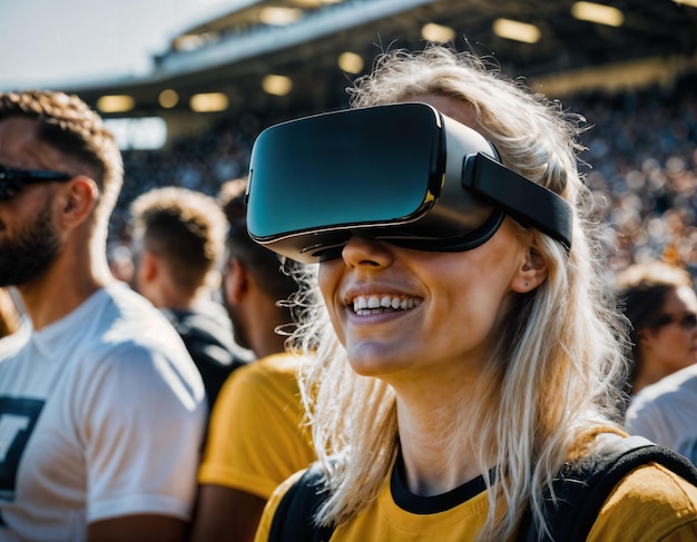 foto de uma mulher bonita com fone de ouvido de óculos VR na IA generativa da arena esportiva do estádio