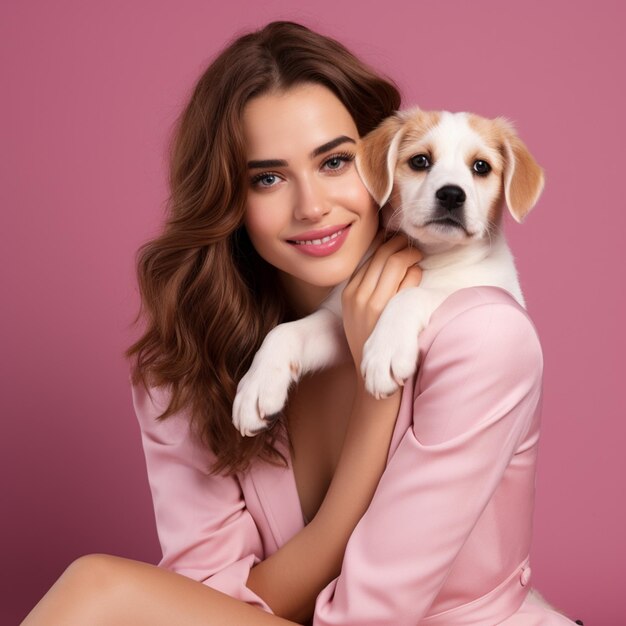 Foto de uma mulher bonita com seu cachorro de estimação