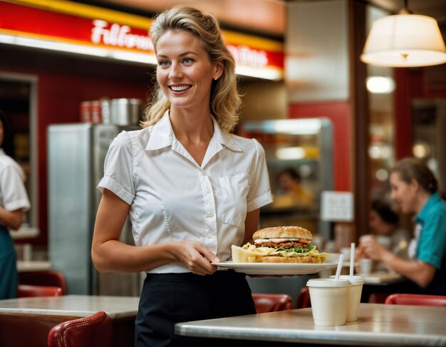 Foto foto de uma mulher bonita como empregada de mesa servindo comida em um restaurante de refeições retro