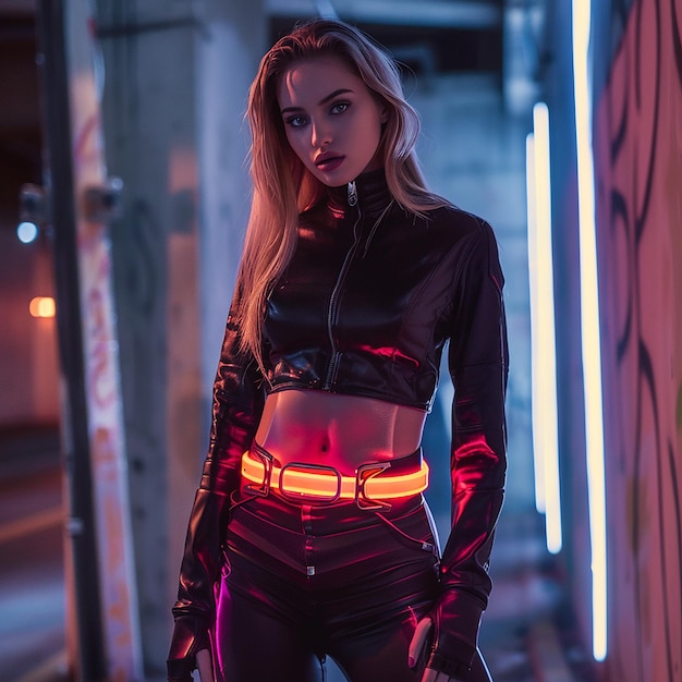 Foto de uma mulher cyberpunk na cidade noturna