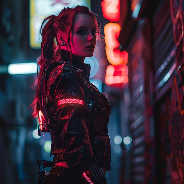 Foto foto de uma mulher cyberpunk na cidade noturna