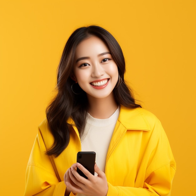 Foto de uma mulher de negócios asiática de pé e usando um tablet vestindo roupas laranjas em um escritório bonito