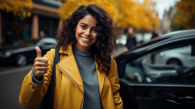 Foto de uma mulher de pé ao lado do seu carro quebrado gerada pela IA