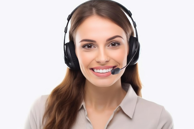 Foto de uma mulher de telemarketing sorridente com fone de ouvido isolado em fundo branco