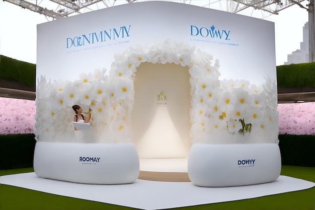 Foto de uma mulher de vestido branco cercada por uma bela exposição de flores