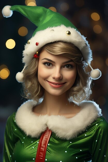 Foto foto de uma mulher elfa de natal. fundo de natal.