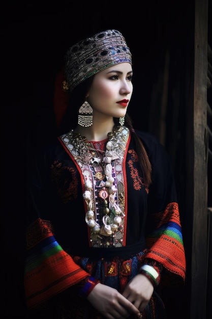 Foto de uma mulher em trajes tradicionais do lado de fora