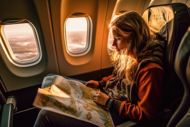 Foto de uma mulher em um avião segurando um mapa e planejando seu itinerário para as férias Generative AI