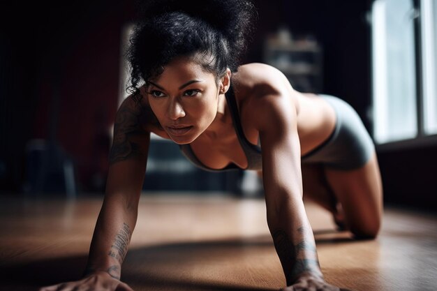 Foto de uma mulher em uma posição de exercício no início de sua rotina de ioga criada com IA generativa