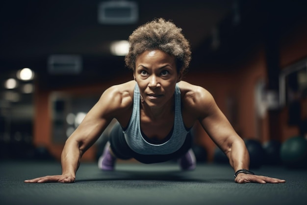 Foto de uma mulher fazendo exercícios de força central na academia criada com IA generativa