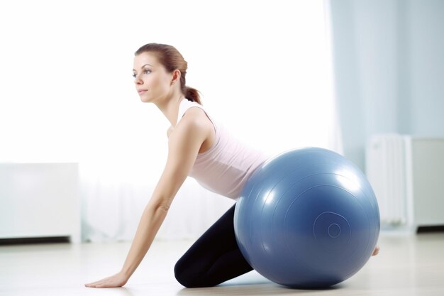 Foto foto de uma mulher fazendo exercícios de pilates em uma bola de exercícios criada com ia generativa