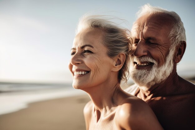 Foto de uma mulher feliz passando tempo com seu avô na praia criada com IA generativa