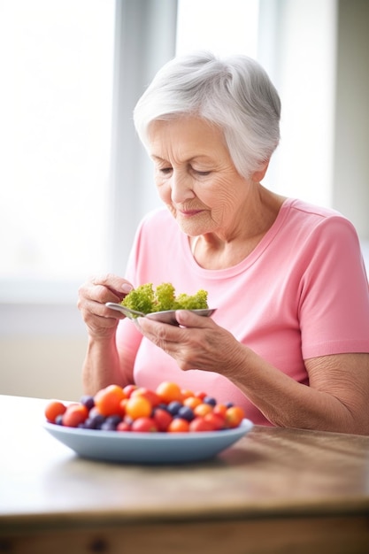 Foto de uma mulher idosa comendo uma tigela de frutas saudáveis criadas com IA generativa